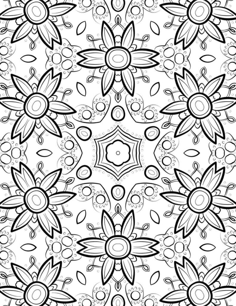 Detailed black-and-white blooming star mandala with hexagonal center and floral patterns for coloring and meditation
