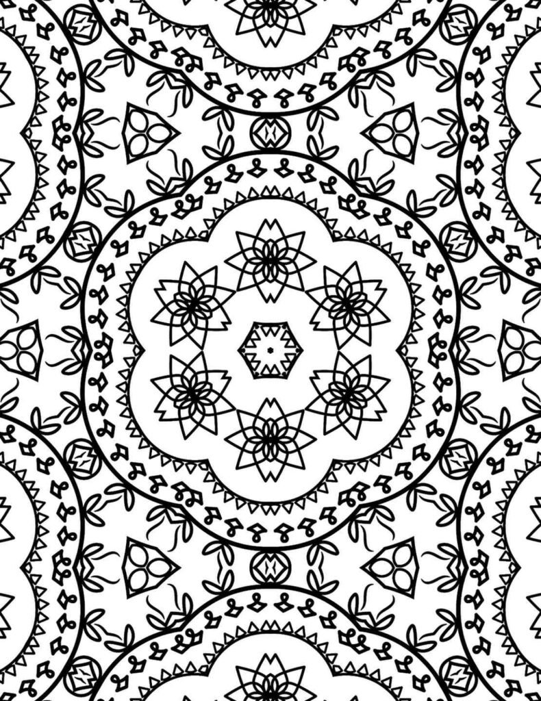 Elegant black and white Blossom Harmony Circle mandala with layered floral blooms and geometric symmetry, ideal for coloring and meditation.