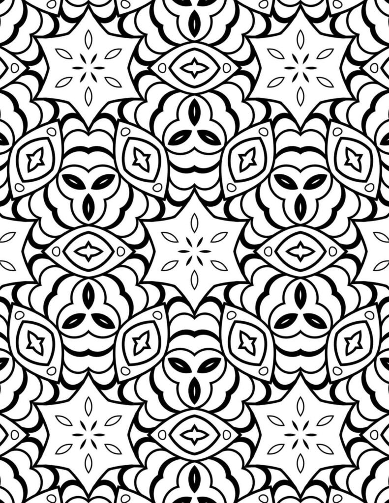 Ornate black and white mandala coloring page with repeating petal-like shapes and star motifs.