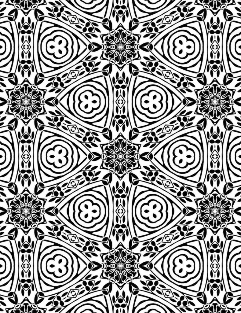 Detailed black and white mandala with repeating clover-like patterns and intricate floral motifs.
