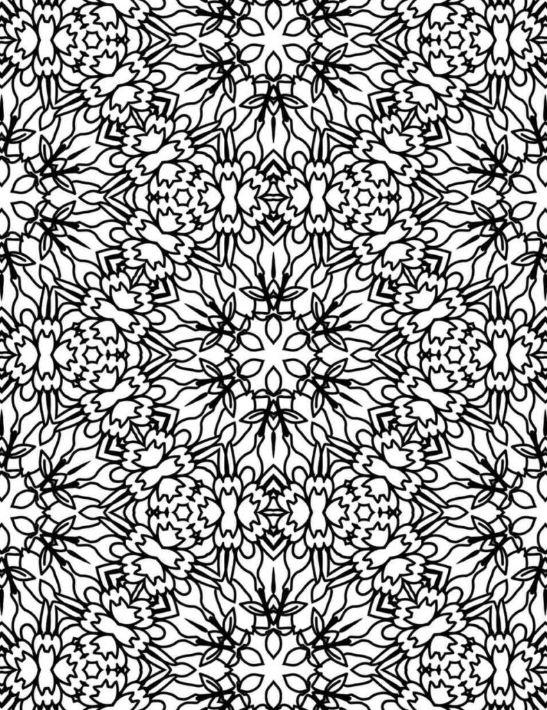 Intricate blossoming vortex mandala with floral and star patterns for coloring and meditation