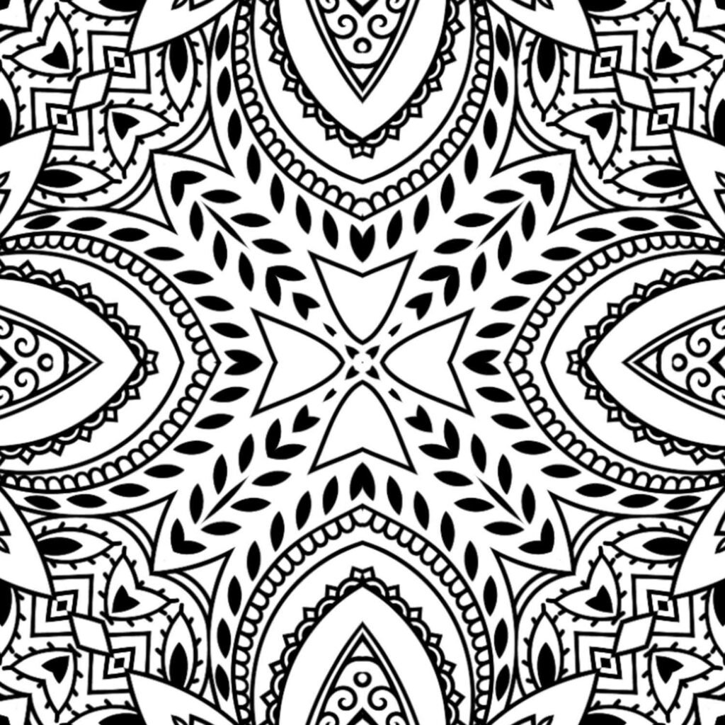 Detailed black and white bohemian style mandala featuring paisleys, leaves, and intricate swirls, perfect for free download and creative coloring.