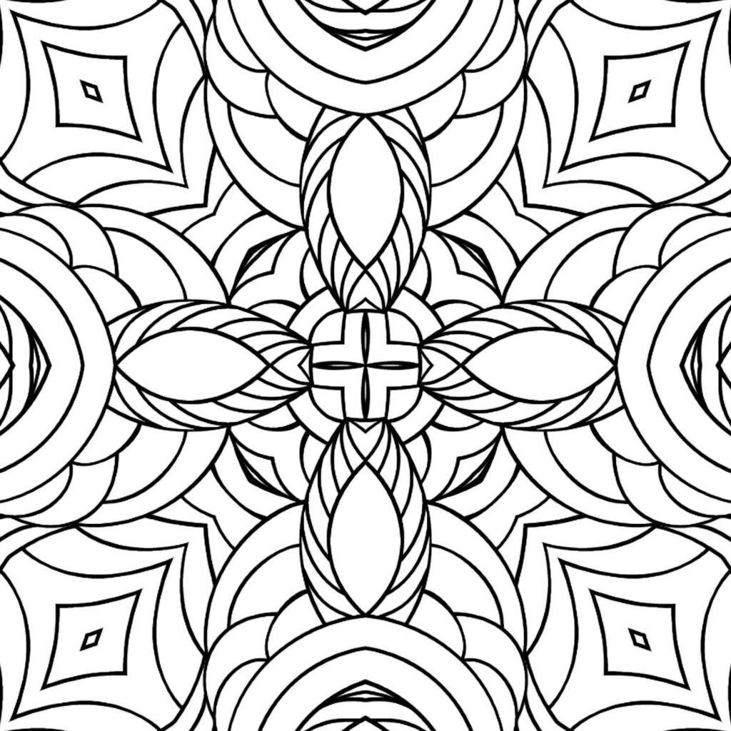 Symmetrical square mandala with a central cross-like pattern, prominent bold petals, and concentric arched segments, ideal for relaxing adult coloring.