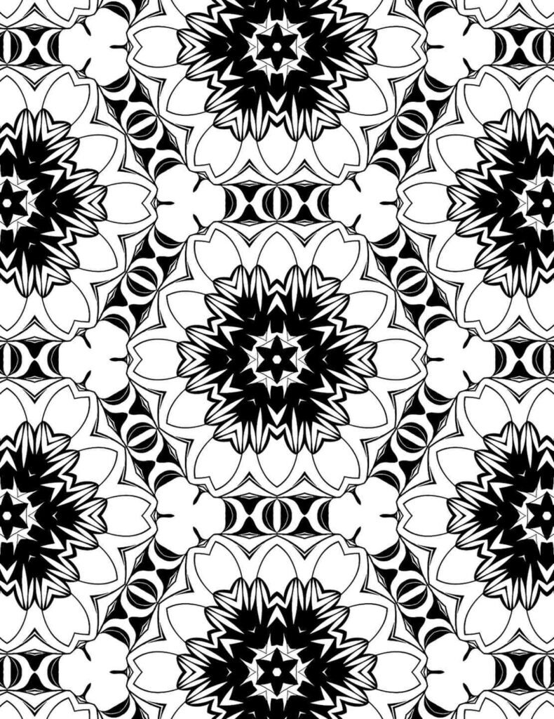 High-contrast mandala design with bold black floral patterns and intricate outlines, ideal for striking coloring and meditative focus.