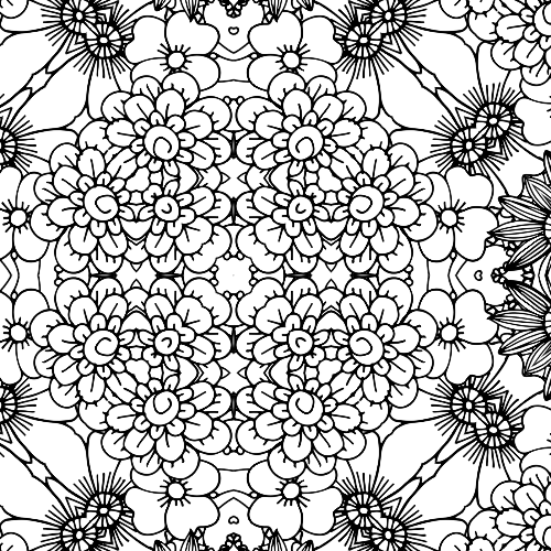 Bold blossom mandala coloring page with large, prominent floral clusters, symmetrical design, and detailed repeating patterns.