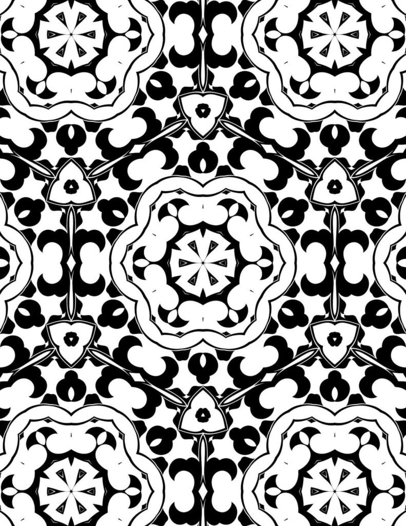 Black and white mandala with high-contrast petal and shield motifs arranged in a symmetrical geometric pattern.