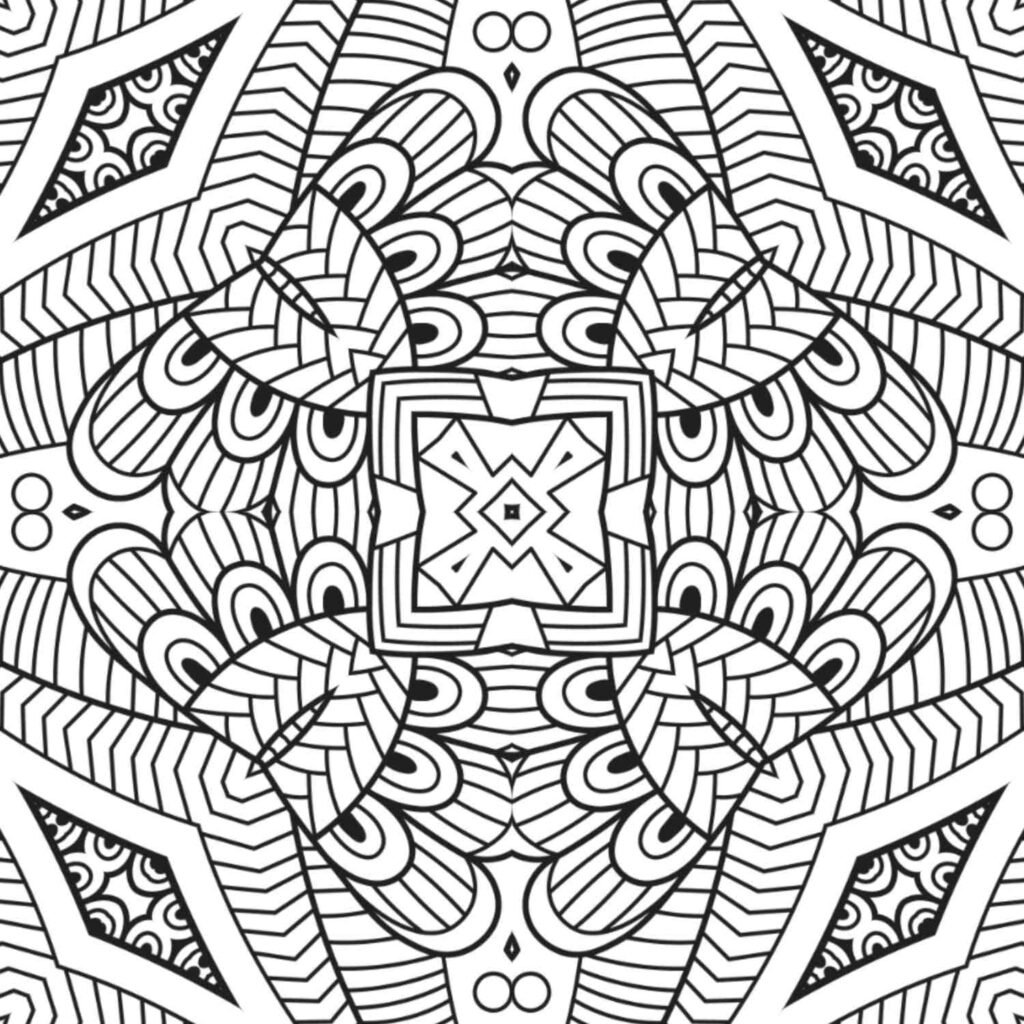 Complex geometric tribal mandala with fan-like segments and intricate patterns, ideal for advanced coloring and mindful relaxation, available for free download.