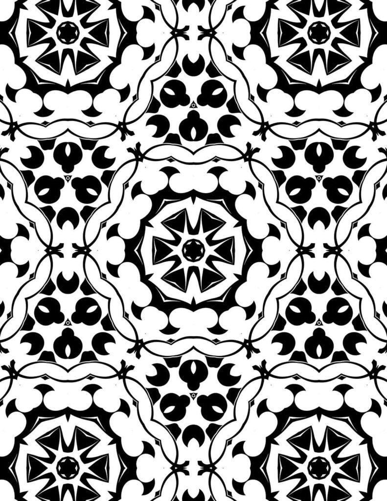 Black and white mandala with bold starbursts and symmetrical petal motifs in a repeating pattern