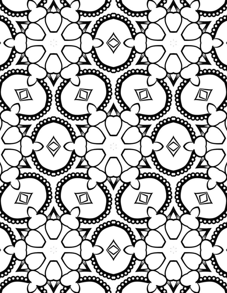 Mandala design with bold oval shapes, rounded petal clusters, dotted outlines, and central diamond motifs in black and white
