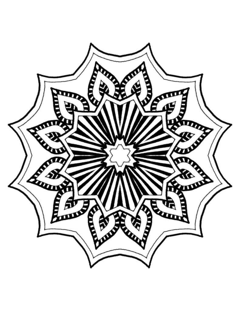 Symmetrical black and white mandala featuring a central starburst design with prominent radiating stripes and layered pointed petals for coloring. Perfect for a mindful activity