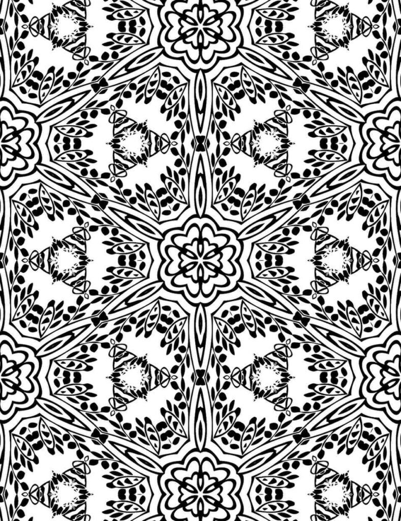 Black and white mandala pattern with botanical leaf clusters, flower centers, and radial symmetry in a repeating grid