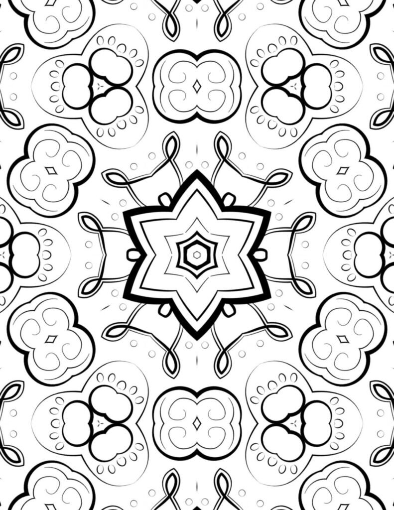 Black and white botanical mandala with symmetrical flower petals and organic vine patterns, ideal for coloring and relaxation.