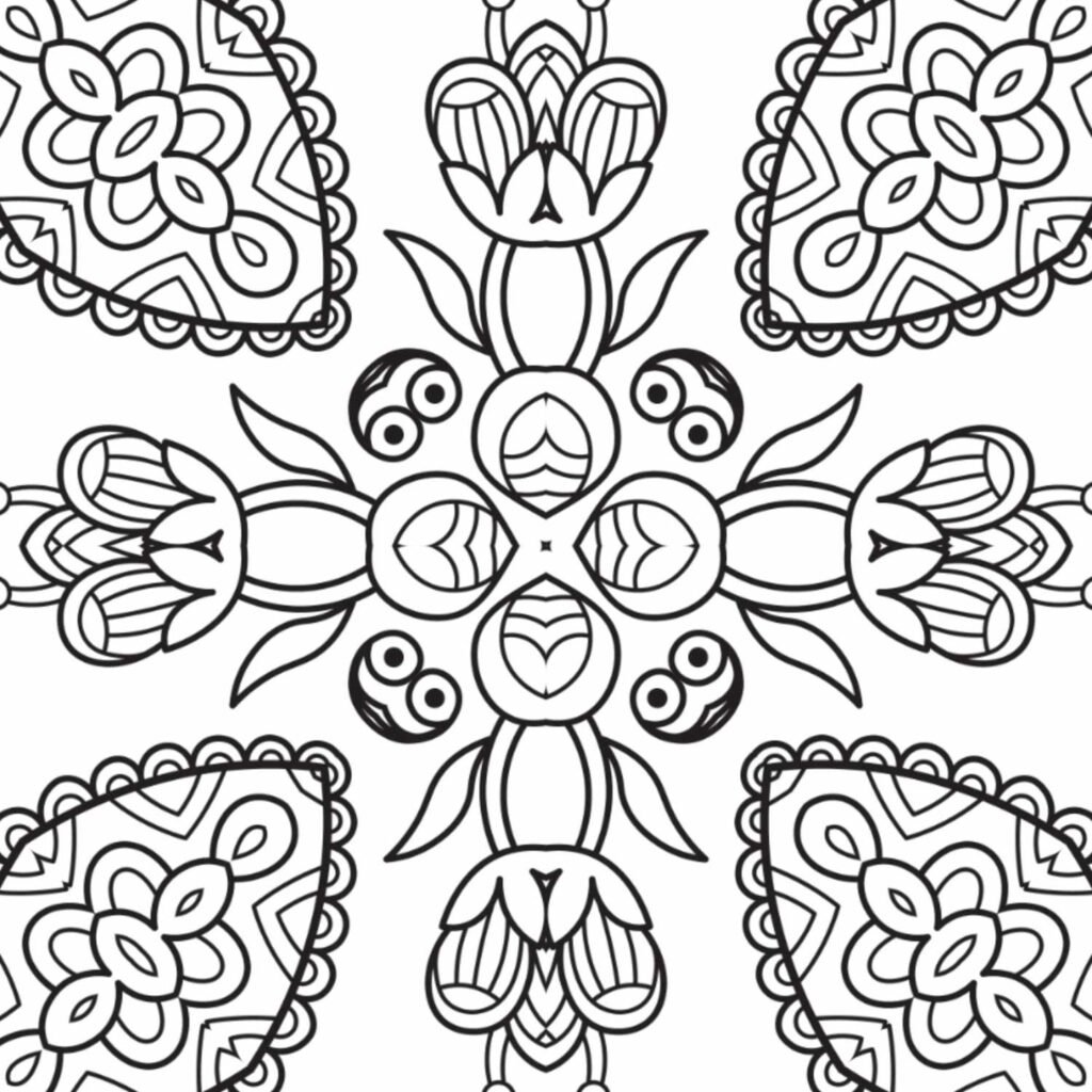 Symmetrical botanical mandala with floral motifs and organic shapes, perfect for calming coloring and creative expression, available for free download.