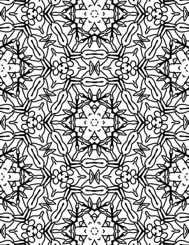 Black and white botanical mandala with floral and leaf symmetry for coloring and mindfulness