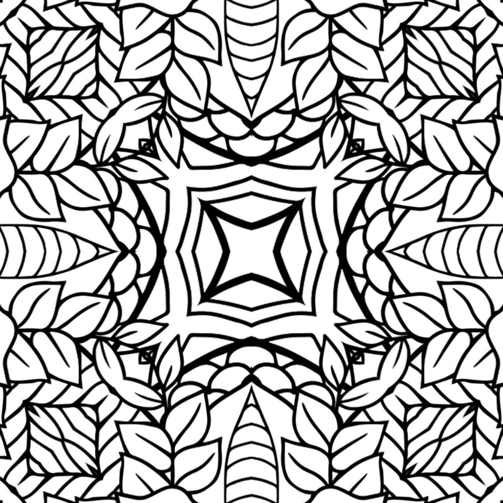 Organic mandala coloring page featuring intricate leaf patterns, intertwining botanical elements, and a central star-like motif, perfect for nature lovers and relaxation.