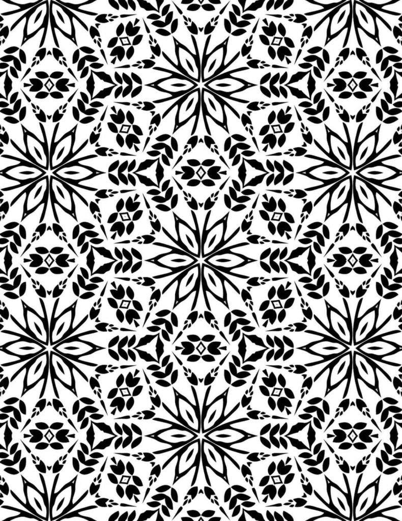 Botanical mandala with snowflake-like floral bursts and symmetrical leaf patterns in black and white