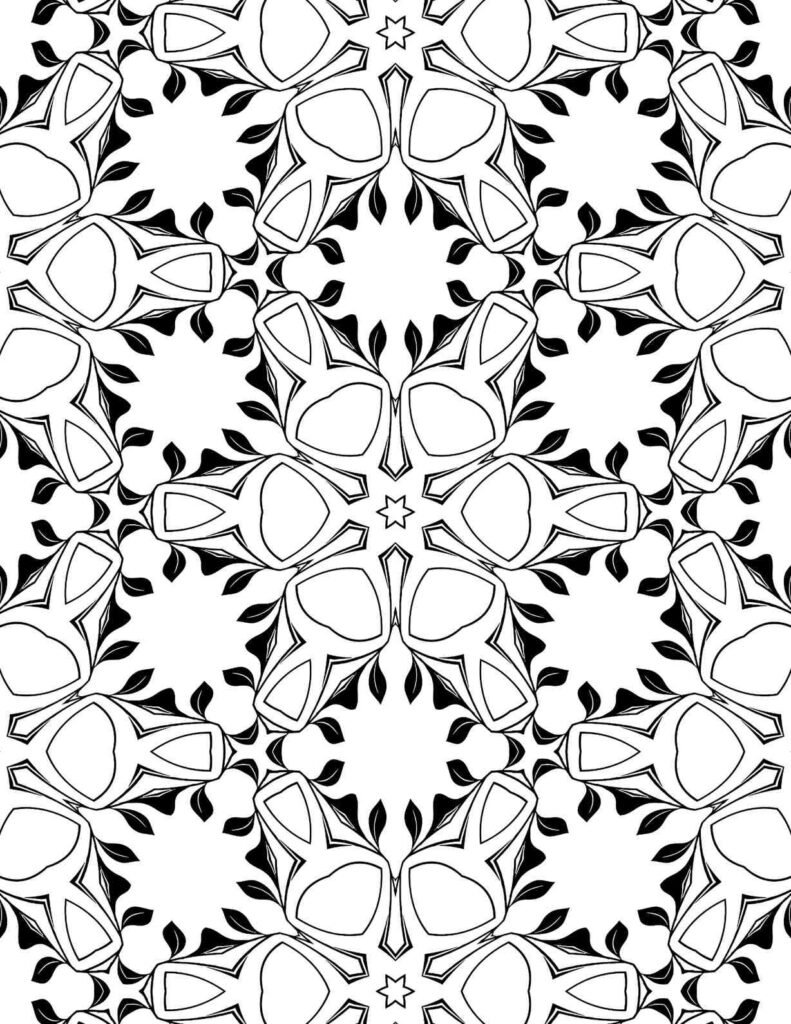 Symmetrical botanical mandala with central starbursts and radiating leaf-like patterns, ideal for mindful coloring and relaxation.