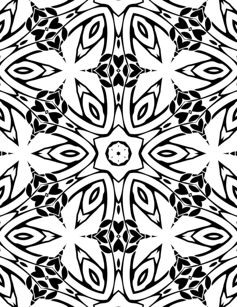 Free printable botanical mandala coloring page featuring a central star and elegant petal motifs, ideal for relaxation and mindful coloring.