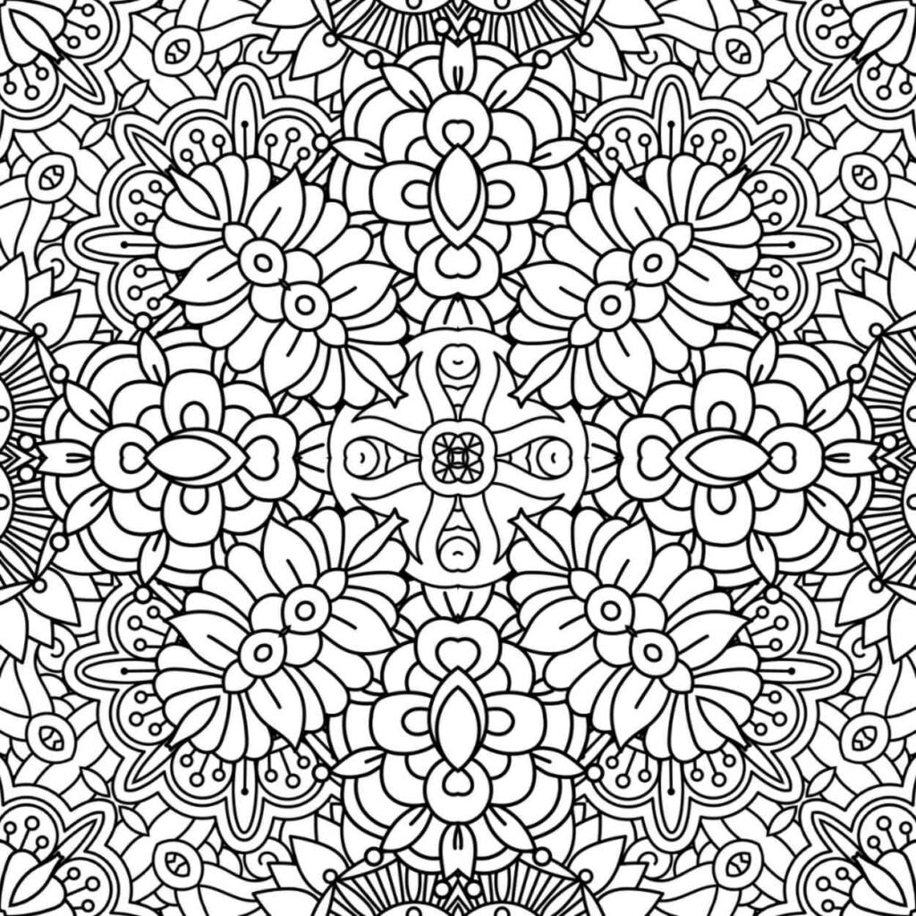 Highly detailed botanical mandala coloring page with layered floral patterns, symmetrical leaves, and intricate bead-like elements.