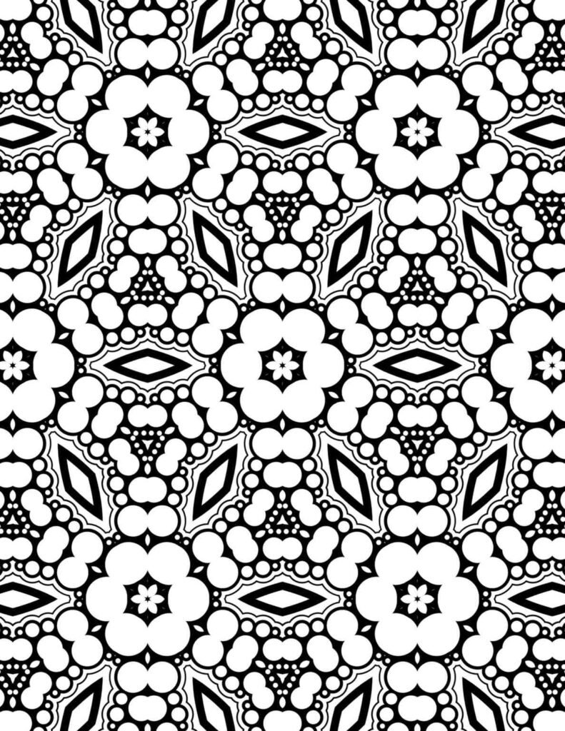 Black and white bubble-inspired mandala pattern with floral and diamond motifs, ideal for coloring and relaxation