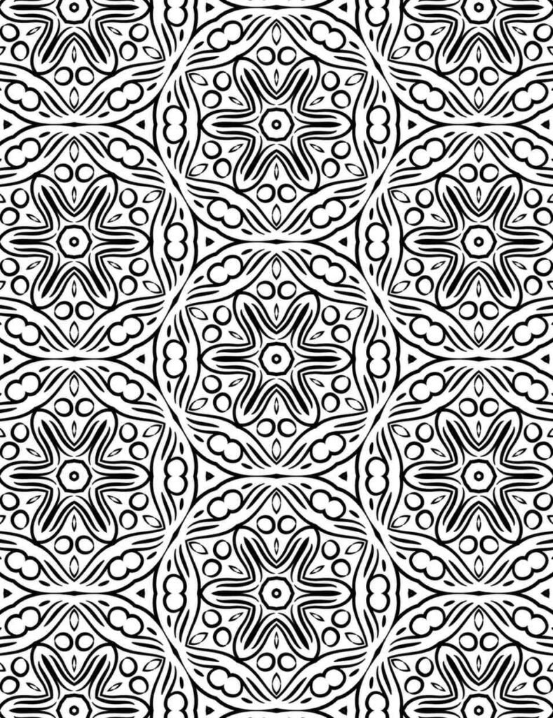 Detailed black and white mandala coloring page with circular medallions, bubble dot patterns, flowing wave borders, and intricate geometric designs for advanced adult coloring