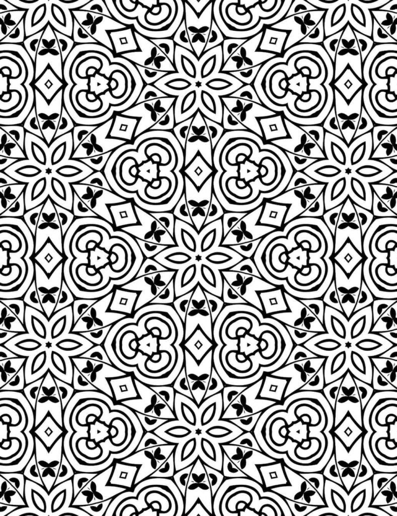 Black and white mandala with heart-shaped petals, butterfly accents, and geometric shapes around a star center for coloring and mindfulness.