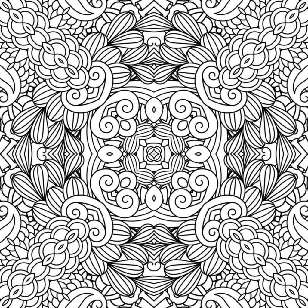 Complex black and white cascading curls mandala with swirling patterns and petal designs for coloring and mindfulness