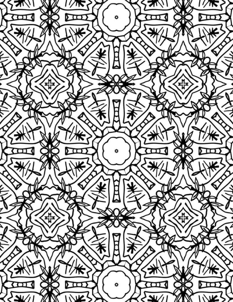 Detailed floral mandala coloring page for stress relief and creative expression, black and white intricate design