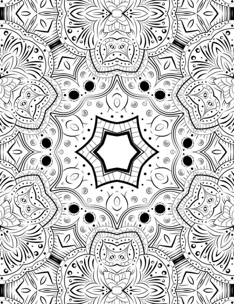 Intricate mandala design with star center, floral and paisley details, dots, and flowing symmetry