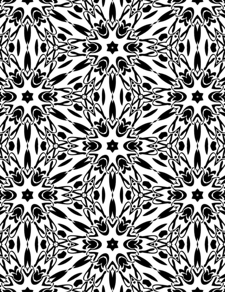 Intricate black and white mandala with repeating starburst patterns and ornate, flowing lines.