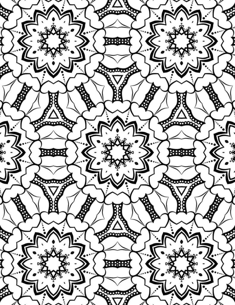 Celestial bloom mandala with star-shaped petals and dotted accents for coloring and meditation