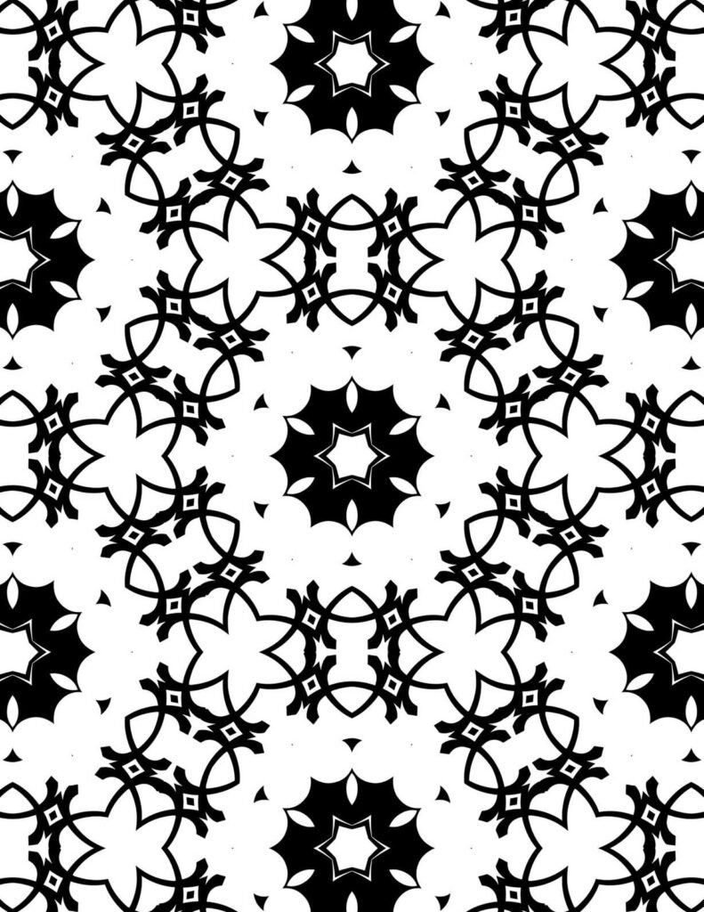 Delicate black and white mandala pattern featuring moons, triangles, petals, and ornate dotted linework