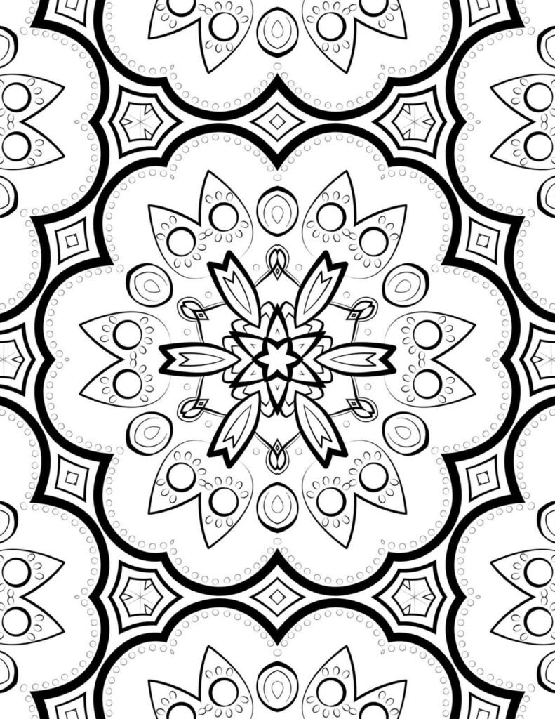 Intricate black and white mandala with crown-like floral layers and circular motifs, designed for mindful coloring and artistic expression.