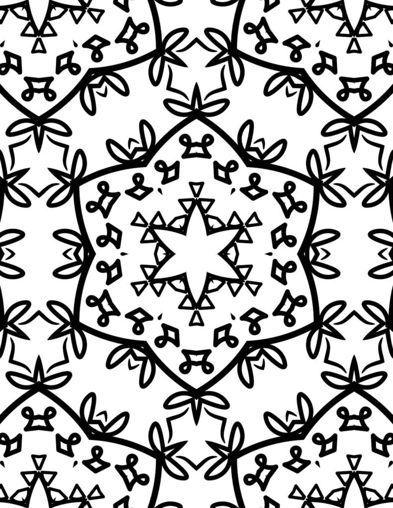 Intricate black-and-white celestial geometric mandala with floral and triangular patterns for coloring and meditation