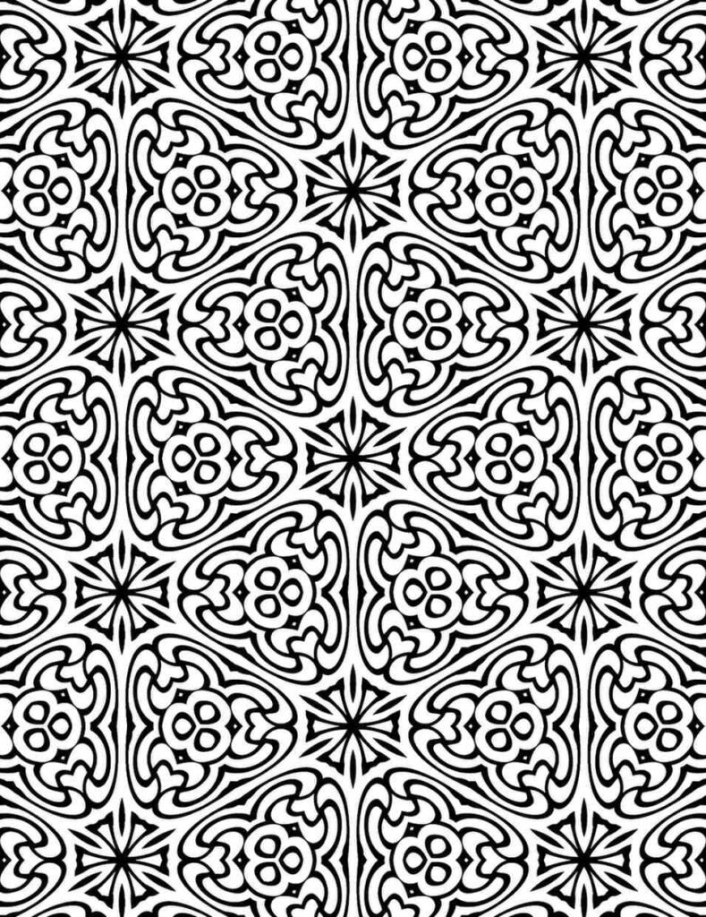 Intricate black and white mandala with heart-shaped petals and starburst centers for coloring and mindfulness