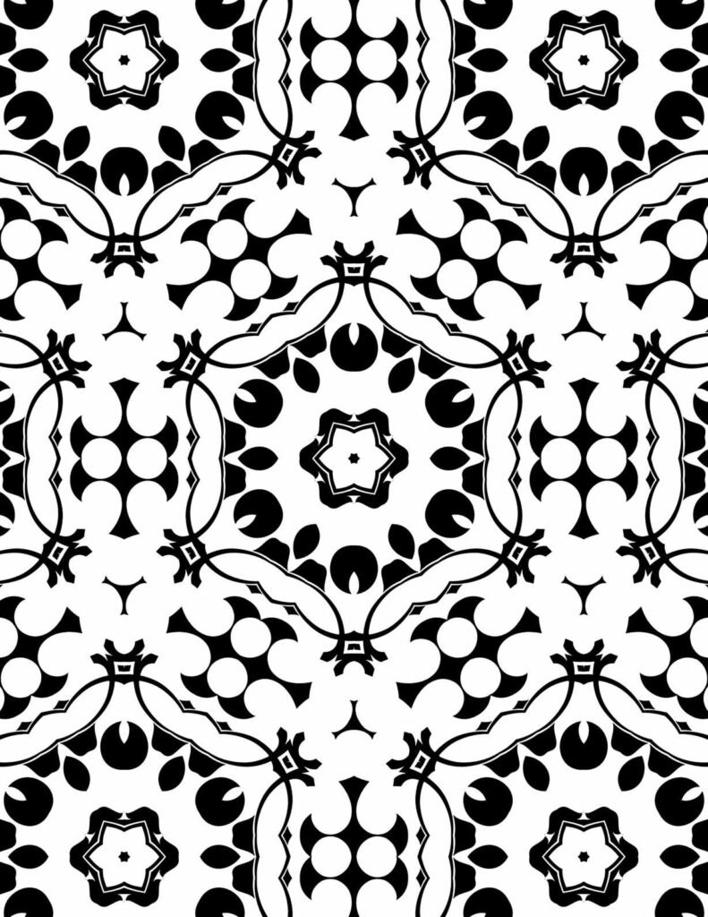 Mandala pattern with star-shaped flowers, circular clusters, and vine-like connectors in high-contrast black and white