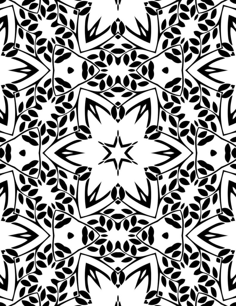 Intricate black and white celestial leaf mandala with star centers and leafy patterns for coloring and meditation.