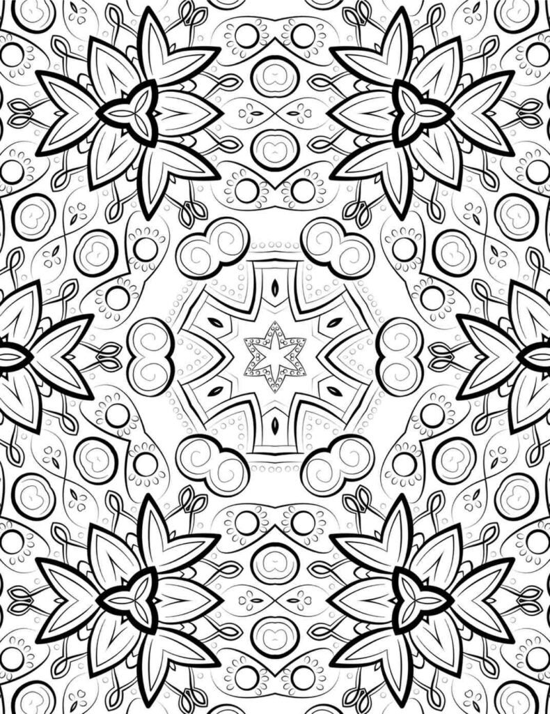 Detailed black-and-white celestial orb mandala with star center and floral patterns for coloring and meditation