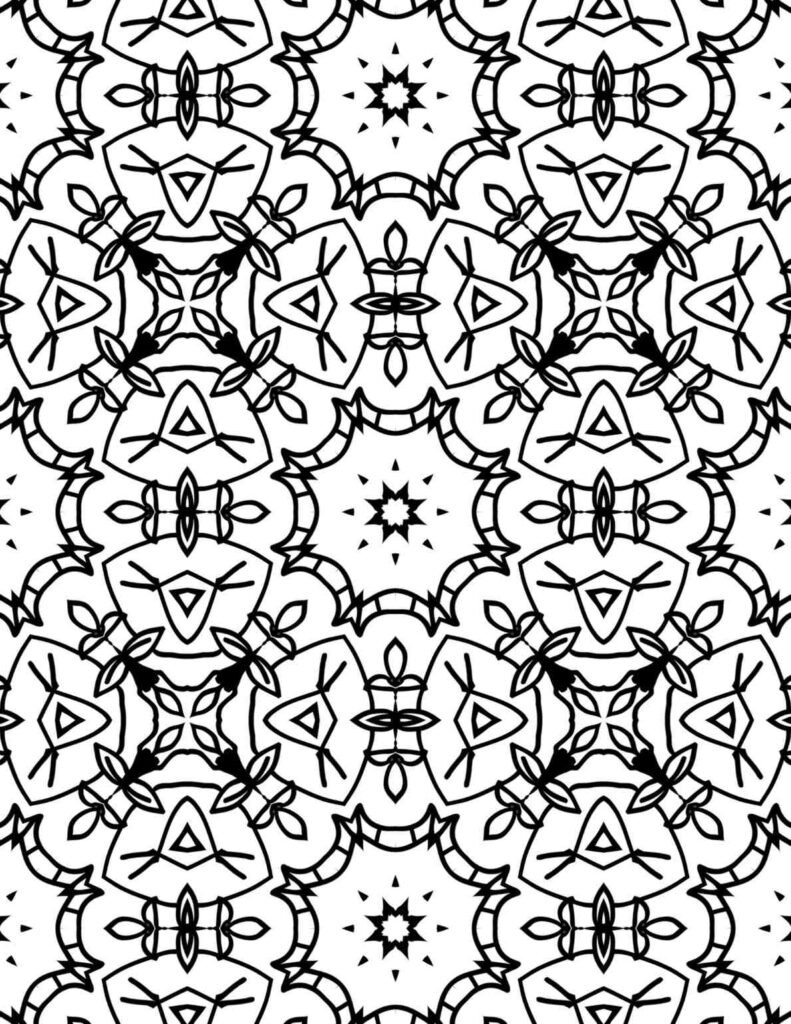 Black and white mandala featuring abstract starburst centers, petal-shaped curves, and triangle-leaf elements in repeating symmetry