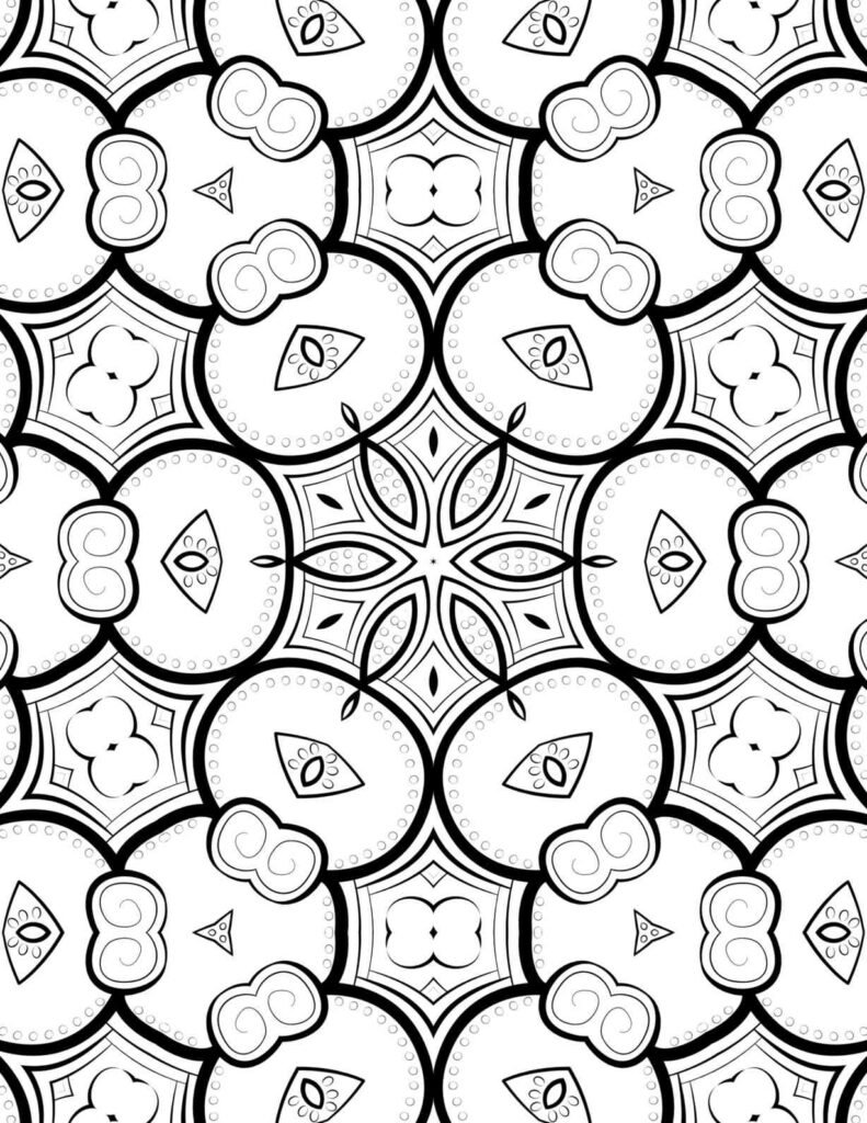 Symmetrical mandala design with circular floral patterns, teardrop motifs, and petal radiance for coloring and meditation