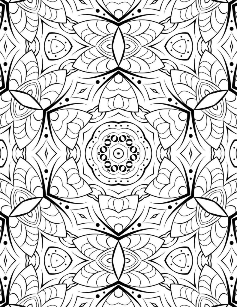 Intricate black-and-white Celestial Petal Mandala with floral and geometric patterns for coloring and meditation