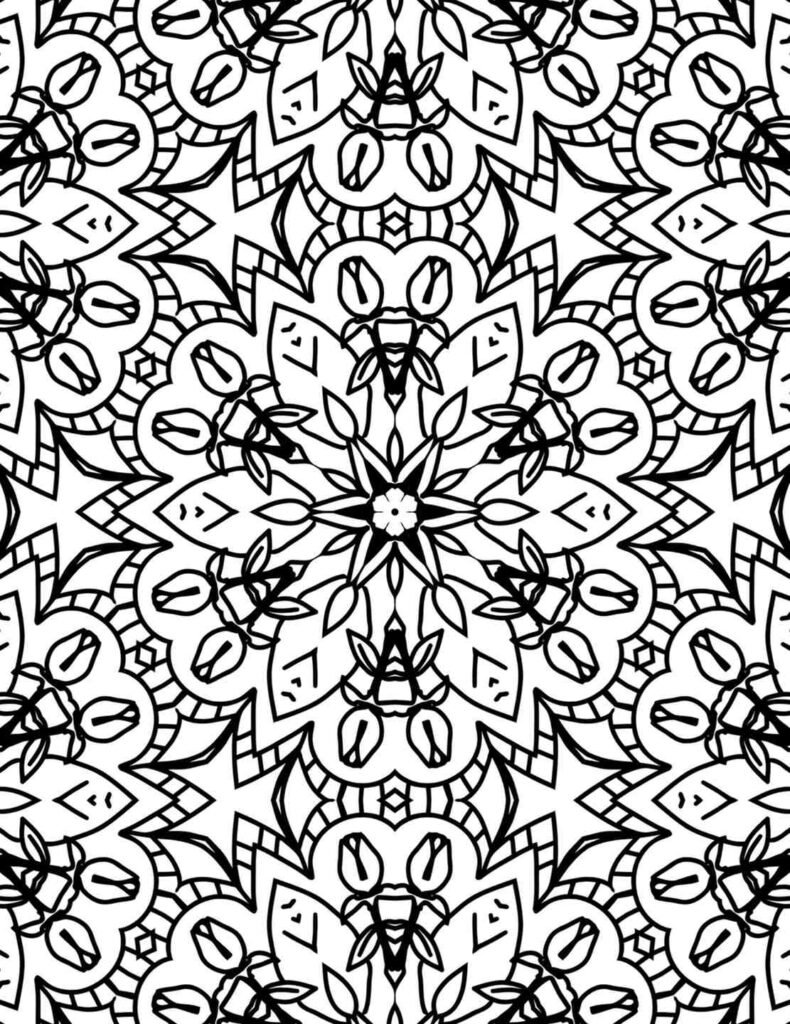 Seamless mandala pattern combining floral petals, stars, and bold black linework in a symmetrical layout