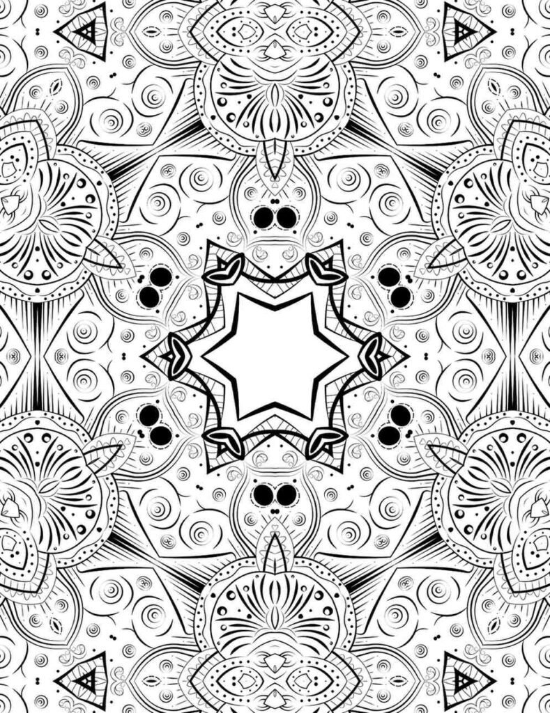 Abstract mandala with swirling patterns, petal-like shields, and star-shaped center in black and white design