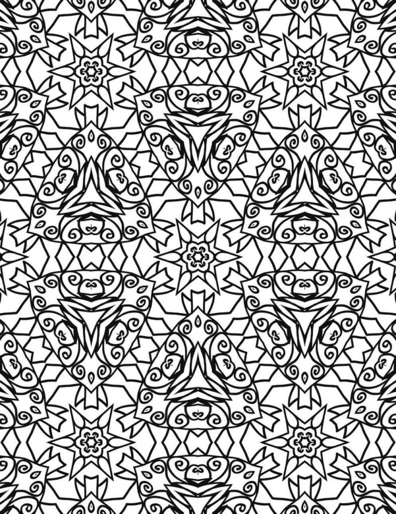 Black and white celestial spiral mandala with intricate star and swirl patterns for coloring