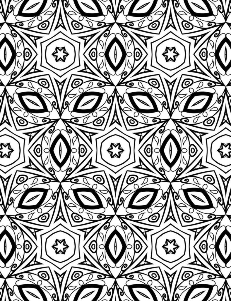Intricate black and white mandala coloring page featuring repeating star hexagons, ornate eye motifs, and kaleidoscope geometric patterns for adult coloring and stress relief