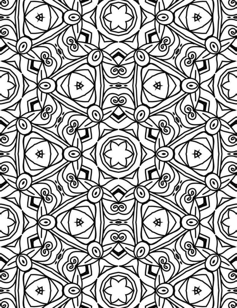 Intricate black and white celestial swirl mandala with star and spiral patterns for coloring and meditation.