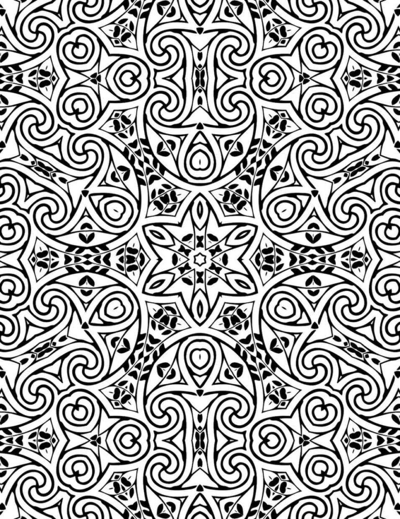 Complex black and white mandala with swirling lines, heart motifs, and central star shapes arranged in symmetrical layers for coloring and creative design.
