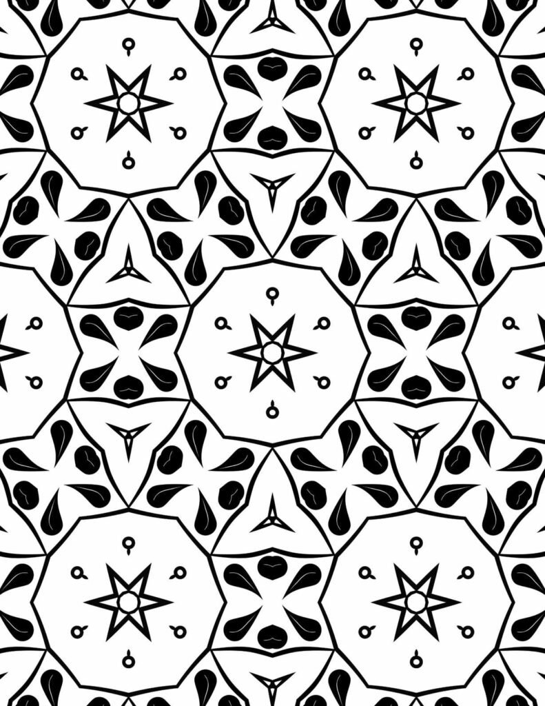 Elegant black and white celestial teardrop mandala with star centers and geometric frames for coloring and meditation.