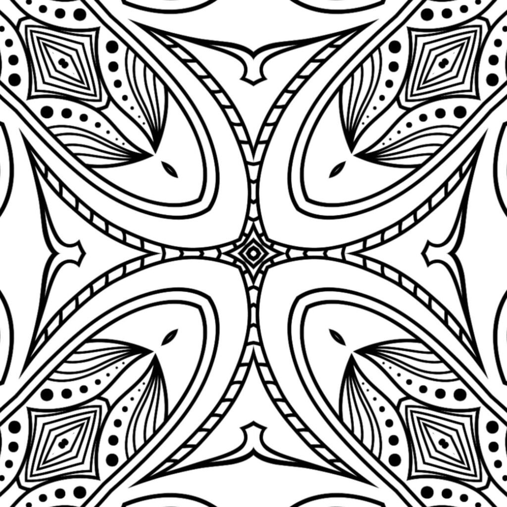 Celestial teardrop mandala with symmetrical teardrop shapes and dotted patterns for coloring and mindfulness