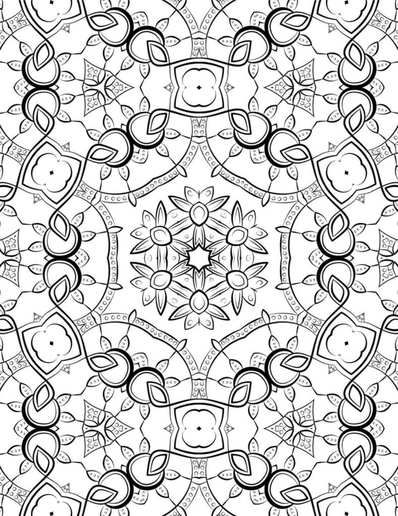 Complex black and white celestial vine mandala with interwoven floral and geometric patterns for coloring and meditation